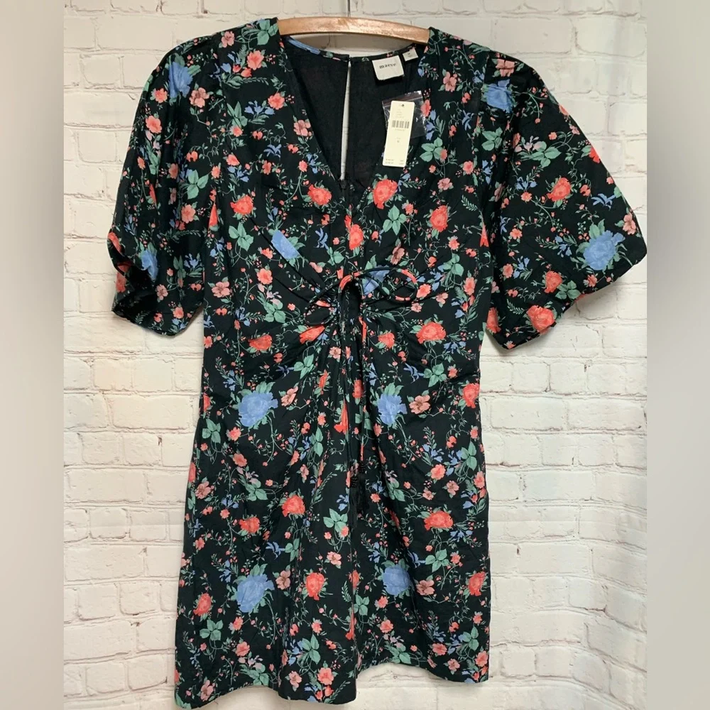 NEW Anthropologie Maeve Black Floral Peep Hole Puff Sleeve Mini Dress Size M - Picture 5 of 9